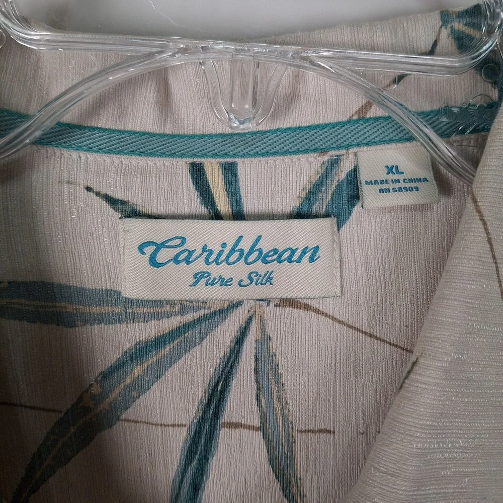 Caribbean Pure 100% Silk Hawaiian Shirt Men XL Floral Tropical Palm Short Sleeve - Picture 3 of 6
